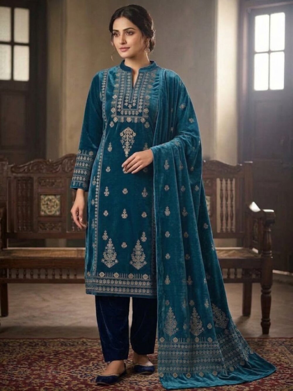 Women's 3-Piece Velvet Outfit Set, Elegant Embroidered Long Sleeve Tunic Top, So